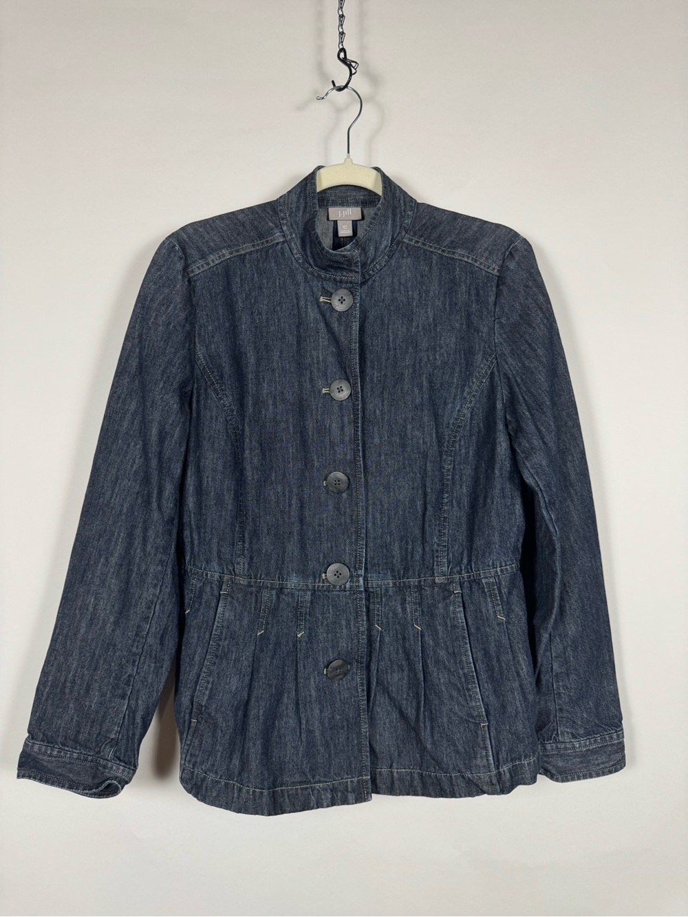 J. Jill Denim Peplum Jacket 10 TALL Button Front Cotton Dark Wash Pleated Preppy